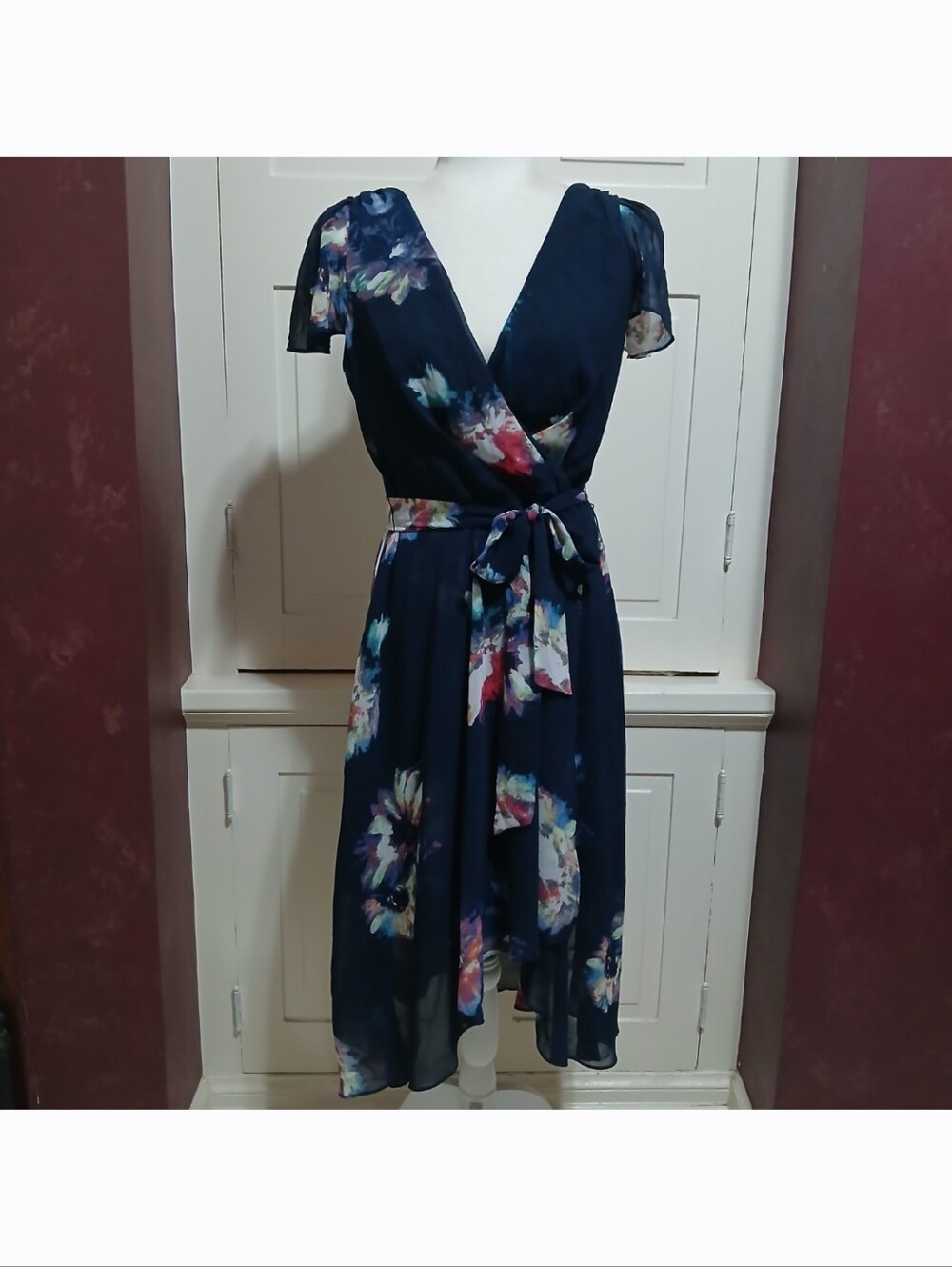DKNY Size 10 Navy Blue Flower Floral Mesh Long Dress Short Sleeves